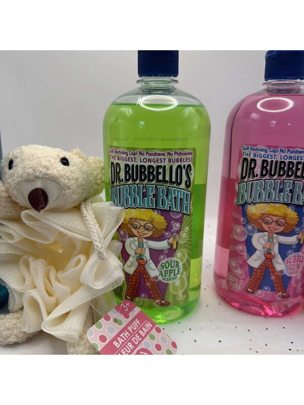 Dr Bubbello’s Bubble Bath 3 Pack 33.8oz Blue Raspberry Gum Apple + Spa Puffs